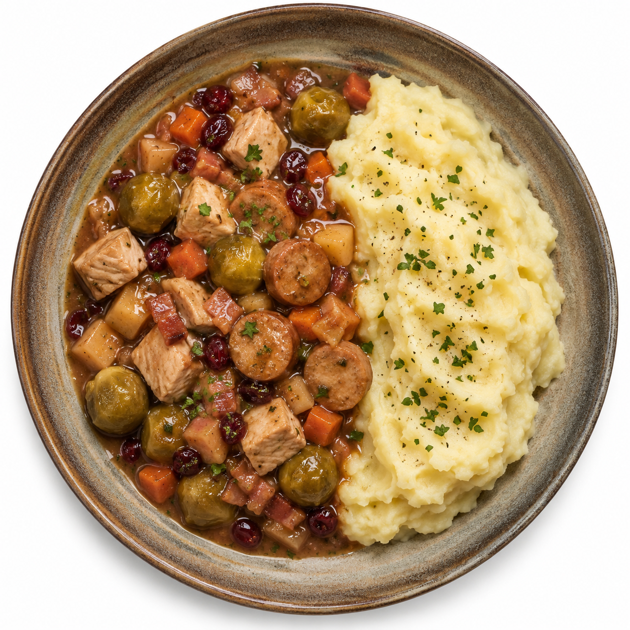 Turkey, Sausage, Bacon & Sprout Stew